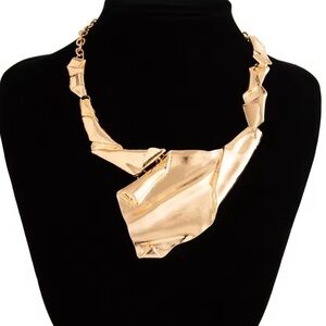 Crumpled Molten Metal Brut Necklace Gold Freeform Brutalist F06